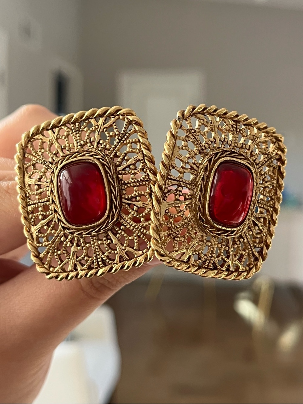 Authentic Vintage Givenchy Red Resin Cabochon Filigree Rectangle Gold Earrings